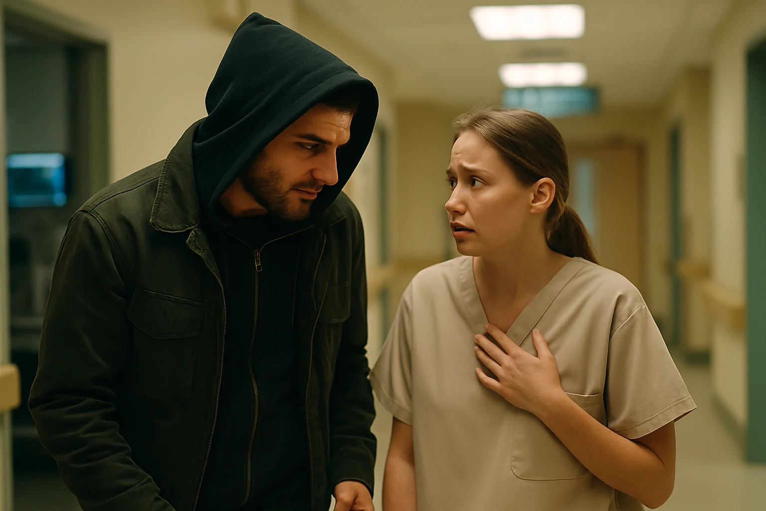 医院走廊内医托与患者交谈的场景示意图