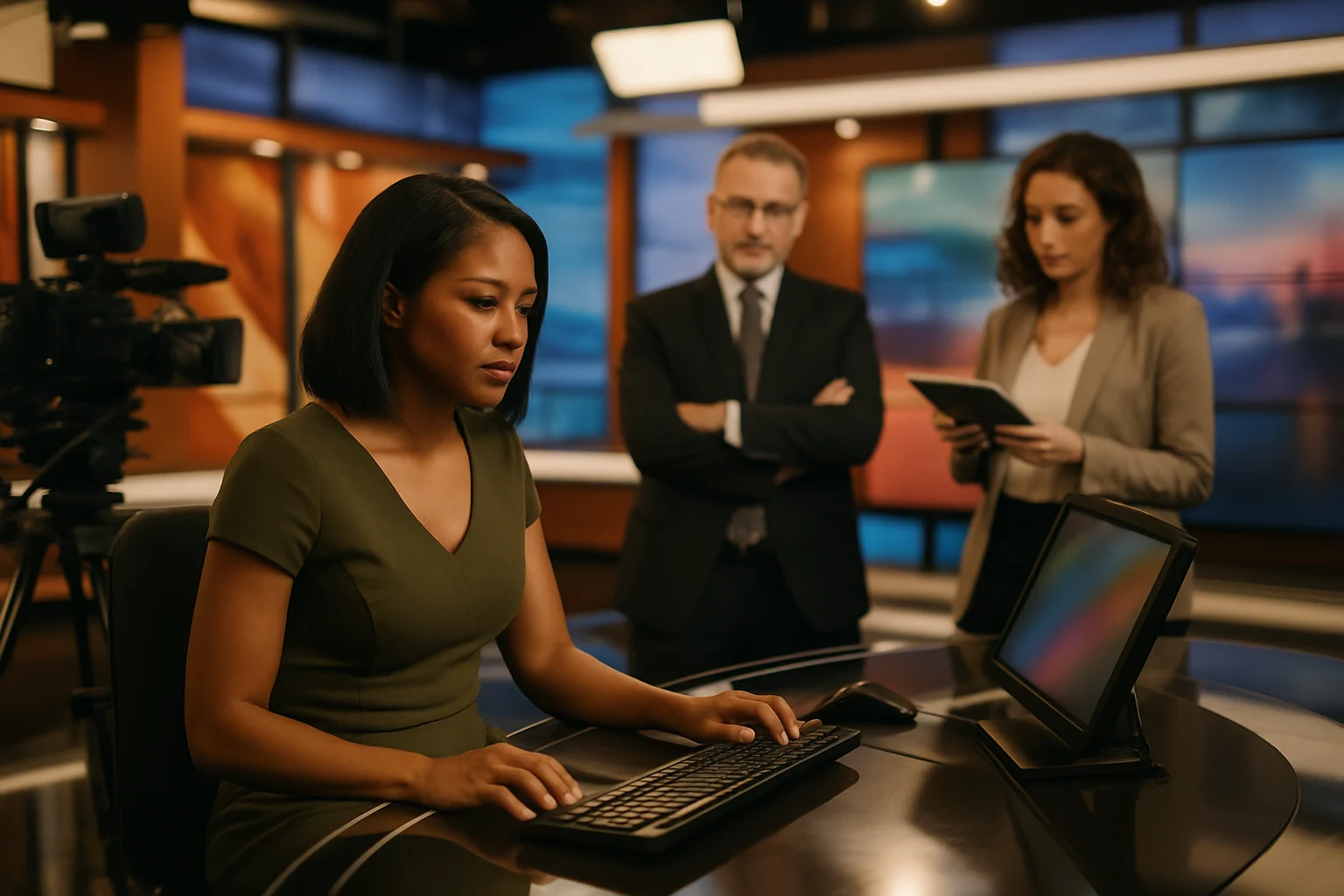 Wood TV 8 newsroom showing modern broadcast equipment and multiple monitors displaying weather radar and news feeds