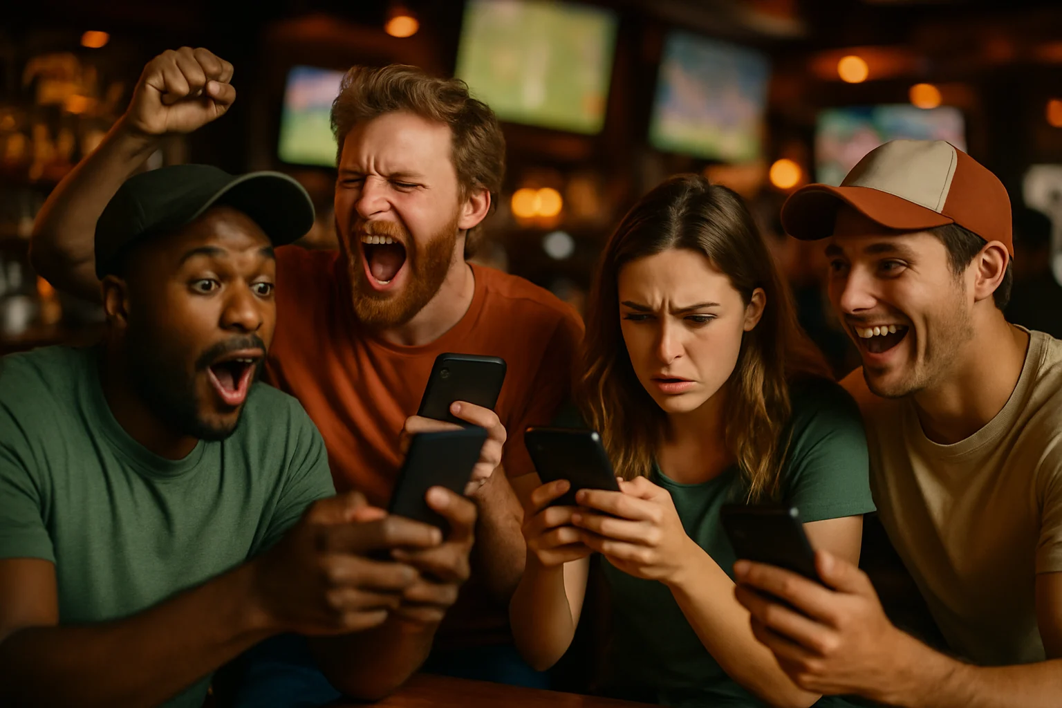 球迷在体育酒吧观看世界杯比赛并使用手机下注的场景