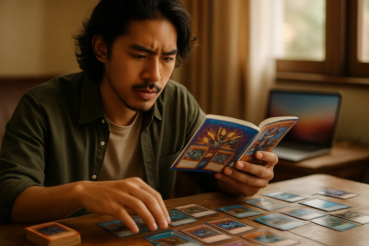 遊戯王OCGのスターターデッキとCHAOS ORIGINSパックが机に並べられ、初心者向けガイドブックが開かれている様子