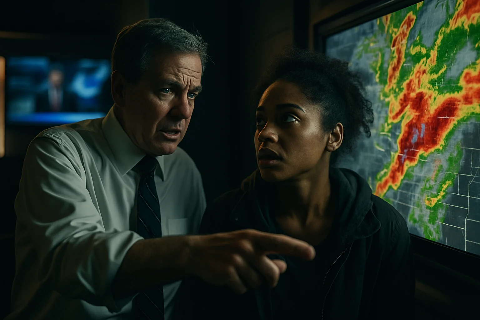 Wood TV 8 Storm Team meteorologist tracking severe weather on doppler radar in Grand Rapids studio