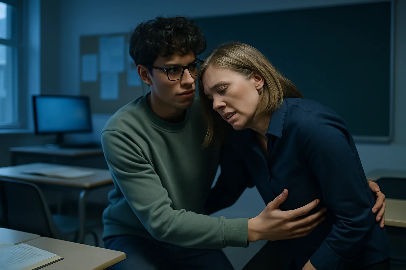 学生在教室里紧急处理老师低血糖晕倒的急救场景示意图