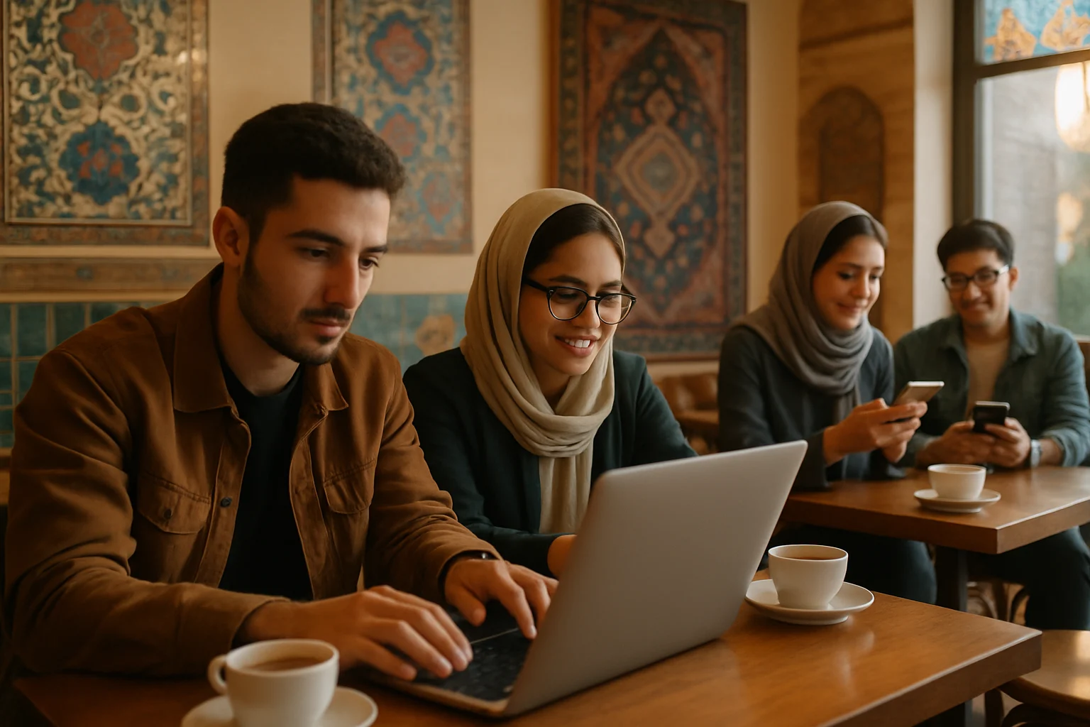 德黑蘭年輕人在咖啡館使用筆記型電腦和手機上網