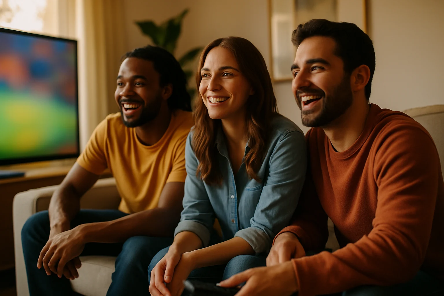 球迷在家中客廳使用大螢幕電視觀看世界盃直播的舒適場景