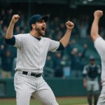 棒球場投手丘上投手完成最後一個出局數，捕手衝出蹲踞位慶賀無安打比賽完成的示意場景