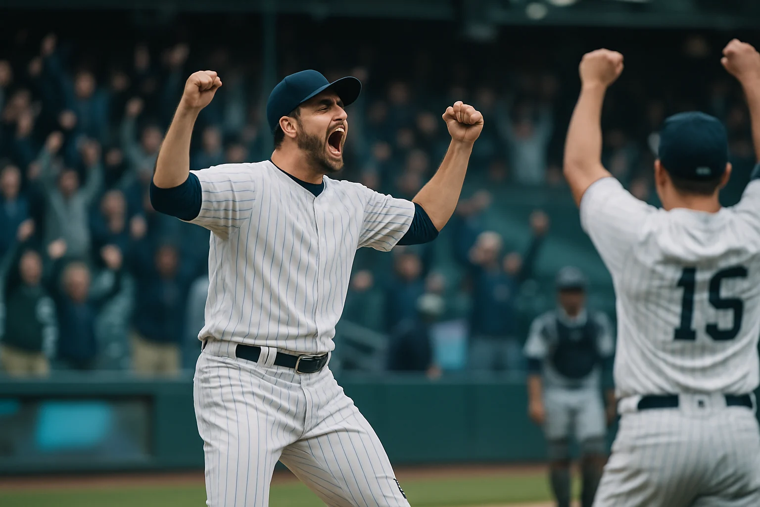 棒球場投手丘上投手完成最後一個出局數，捕手衝出蹲踞位慶賀無安打比賽完成的示意場景