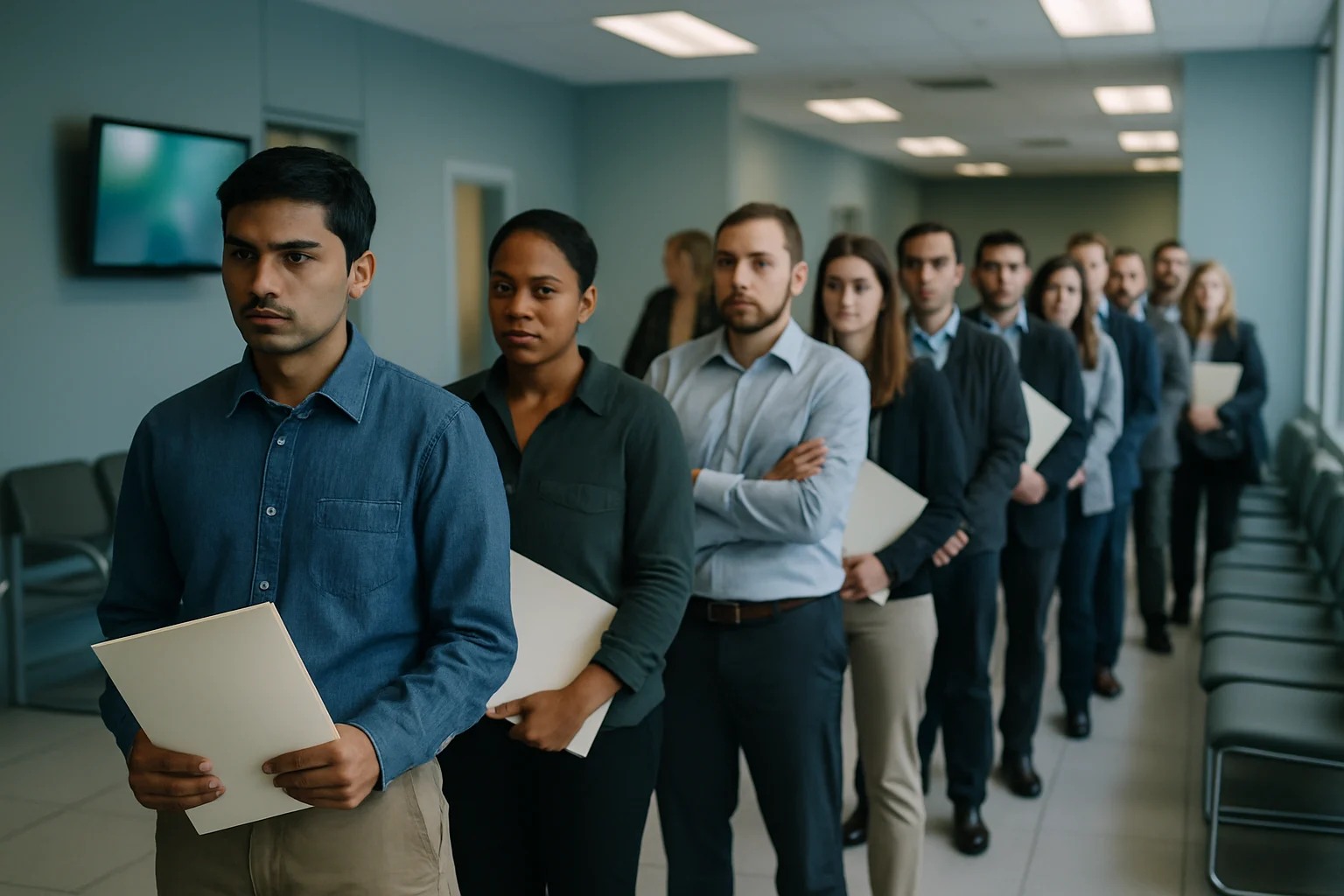 求职者在就业中心排队等候面试的场景