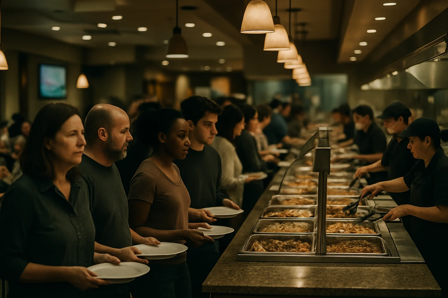 自助餐厅内顾客排队取餐的场景,展示自助餐的经营模式