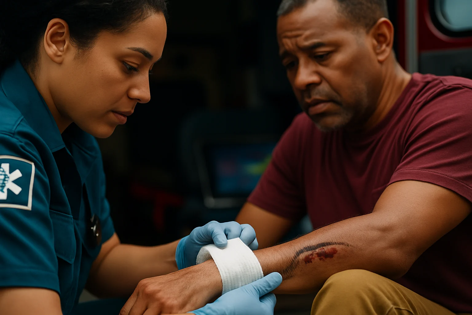 急救人員正在為蛇咬傷患者進行彈性繃帶包紮