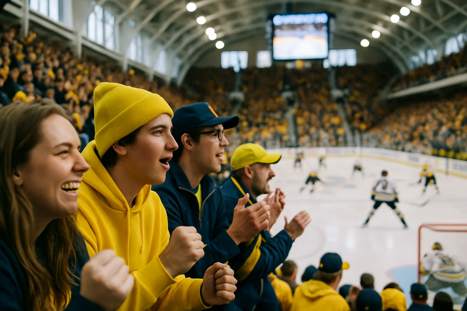 Packed Yost Ice Arena during Michigan hockey game with fans cheering in maize and blue