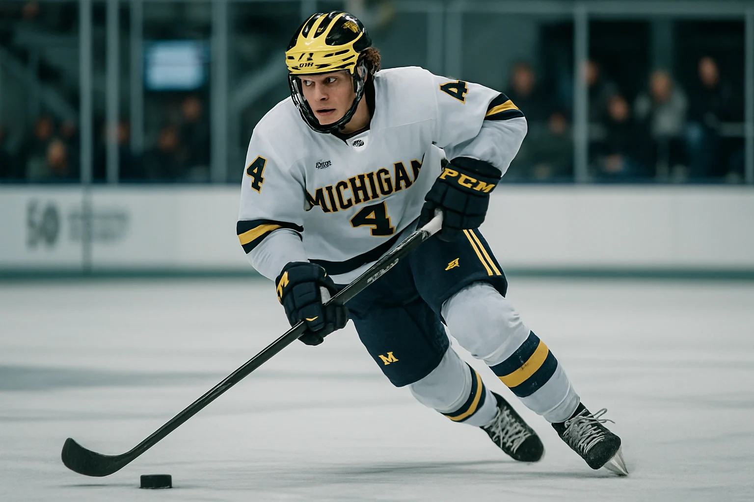 T.J. Hughes skating with puck during Michigan hockey game wearing maize and blue uniform