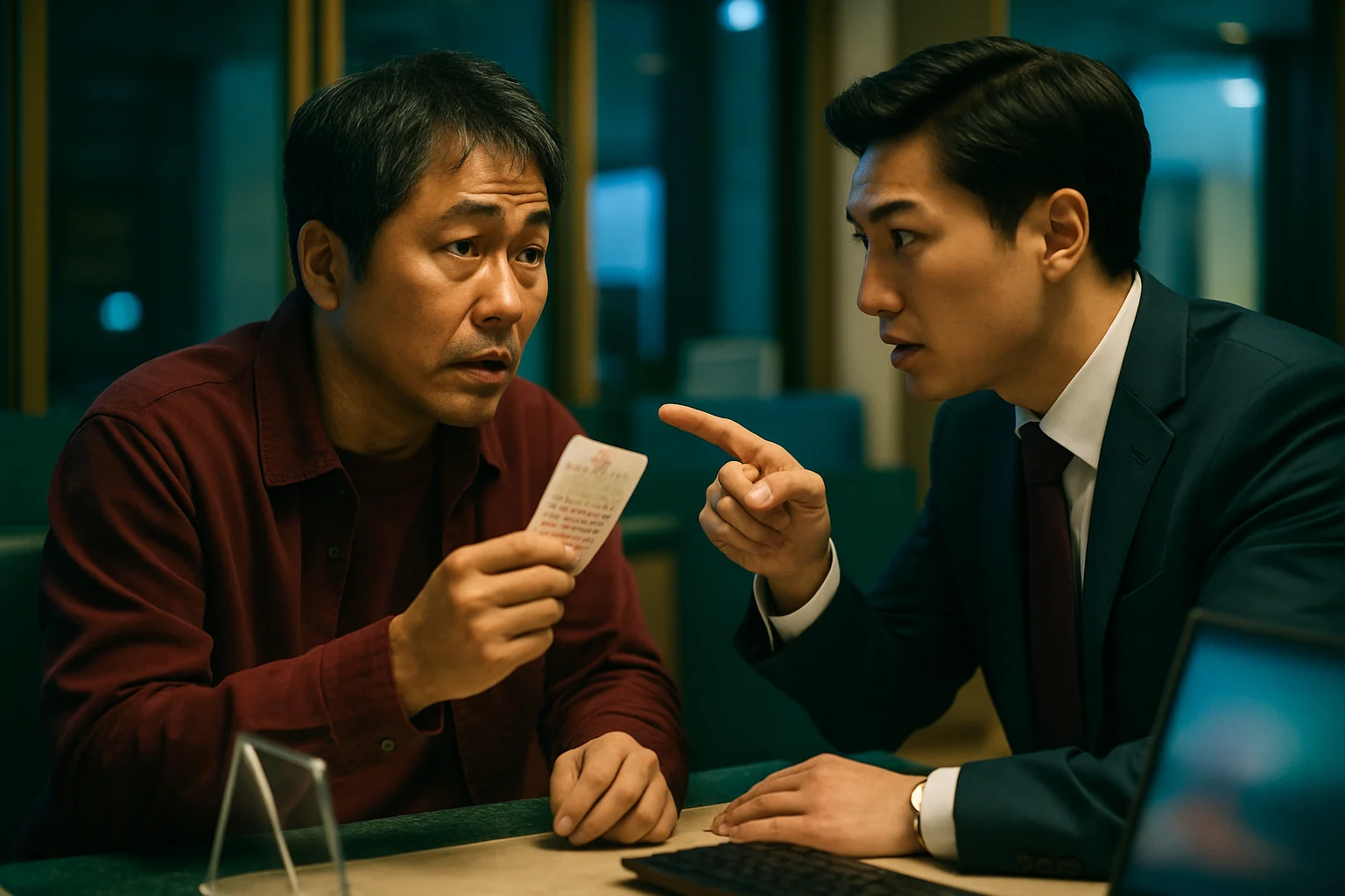 복권 1등 당첨자가 은행 창구에서 당첨금 수령 절차를 밟는 장면 일러스트