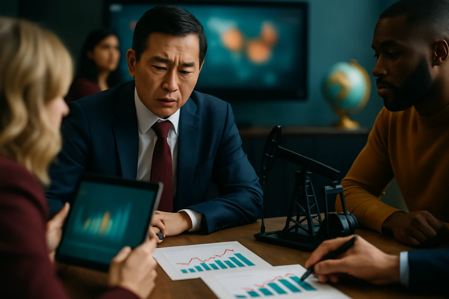 Sơ đồ bốn yếu tố tác động đến giá dầu thô toàn cầu gồm tồn kho EIA OPEC PMI Trung Quốc và rủi ro địa chính trị Biển Đỏ