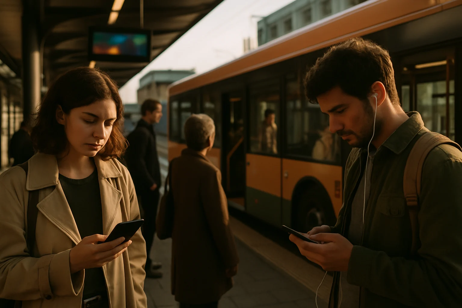 車輛在公車站牌前違規停車,上方有科技執法攝影機的示意圖