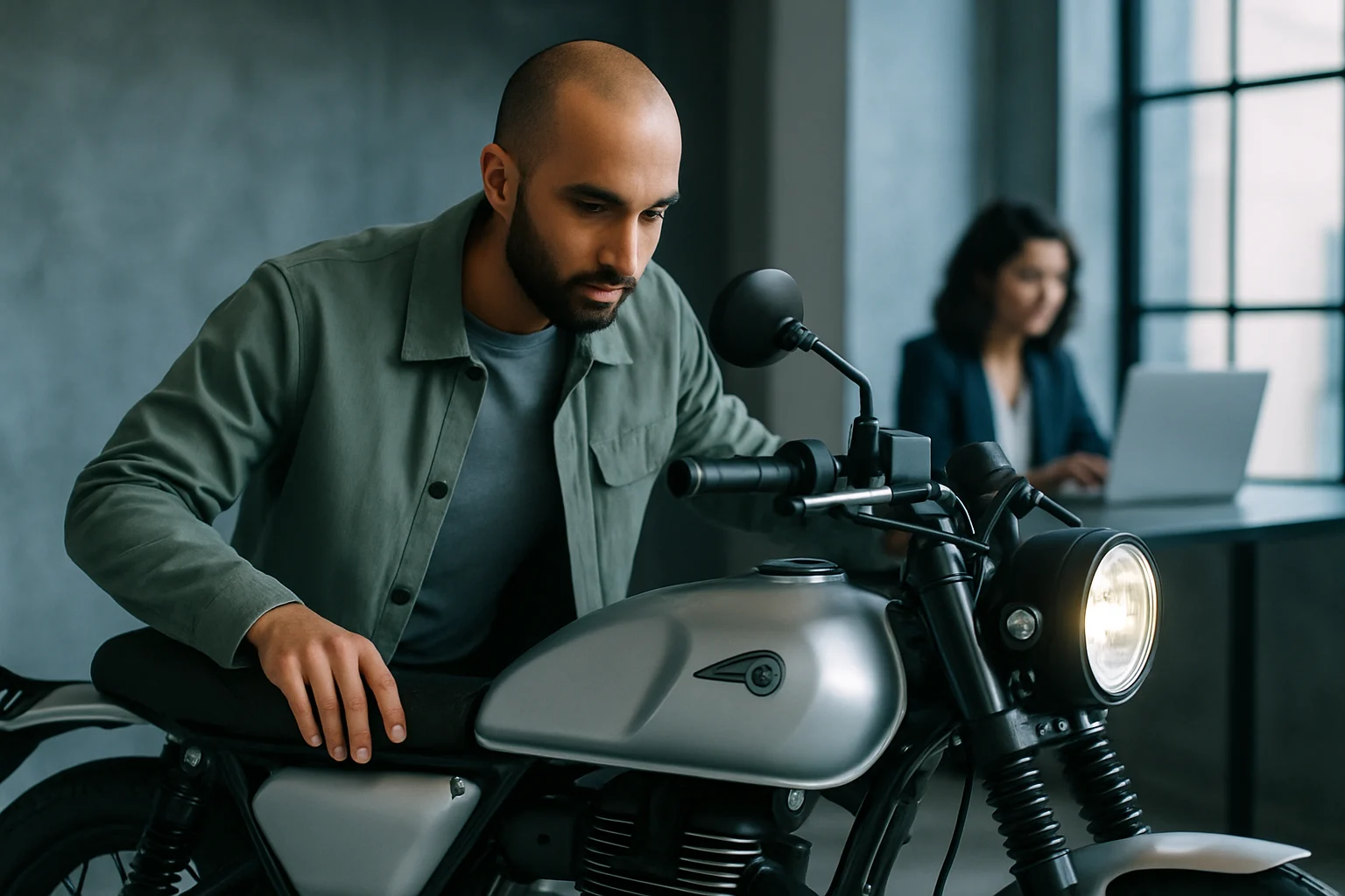Royal Enfield Flying Flea C6 electric motorcycle parked in urban setting with modern buildings in background