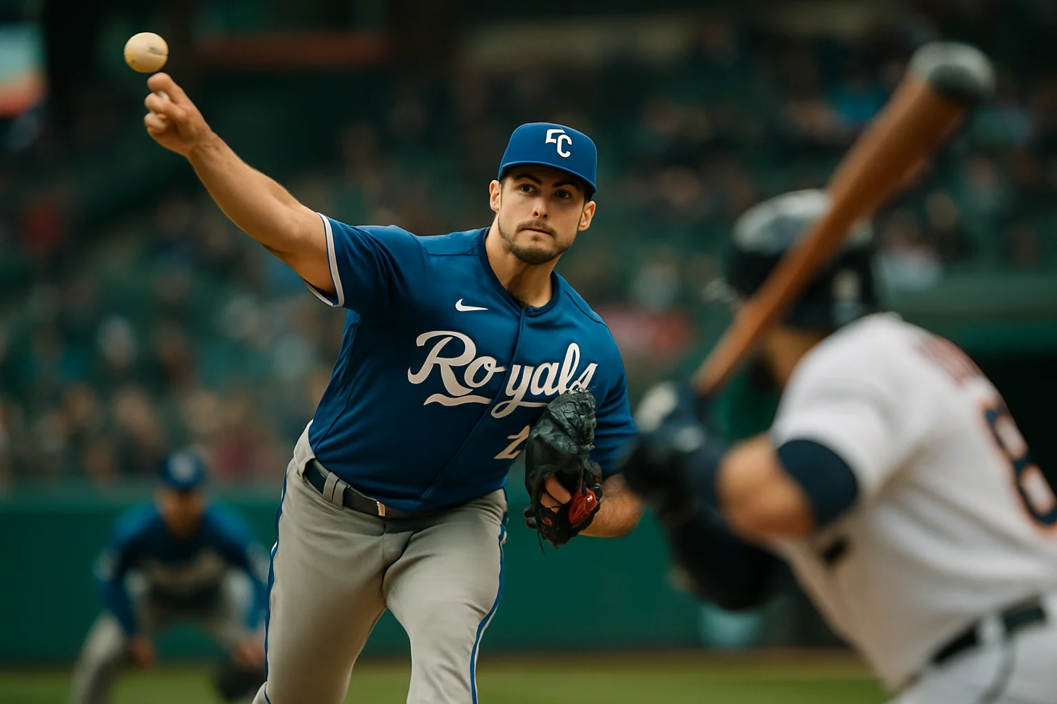 Seth Lugo delivering a pitch during Royals vs Tigers game with intense concentration