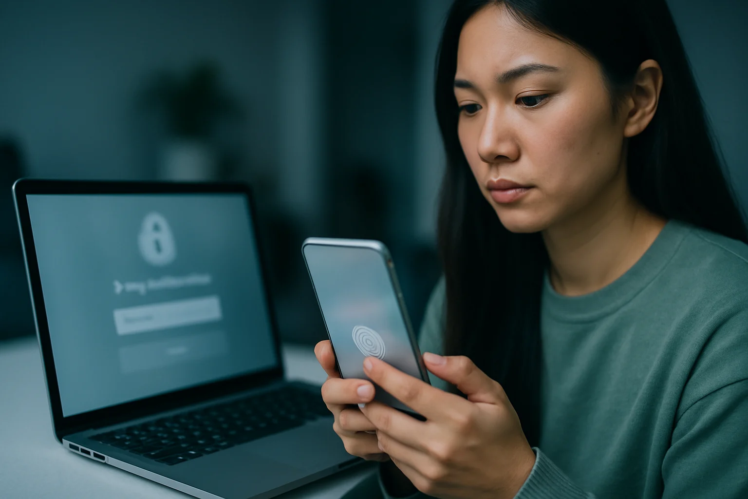 Màn hình hiển thị giao diện xác thực đa nhân tố với biểu tượng khuôn mặt, vân tay và giọng nói được kích hoạt đồng thời