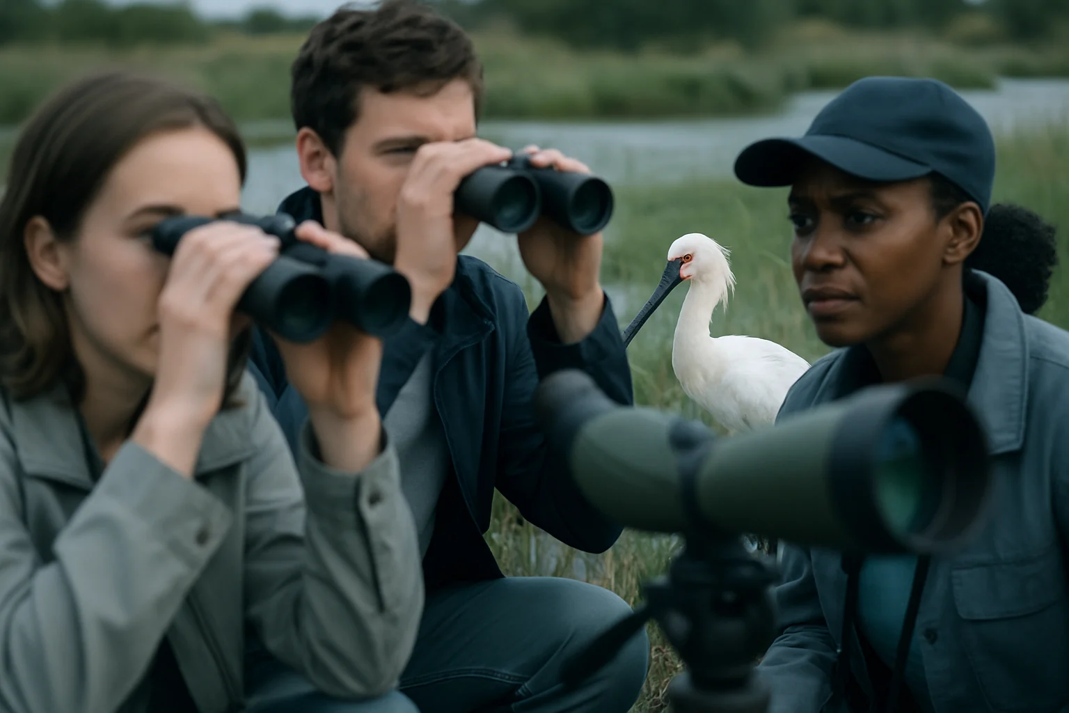 高雄茄萣濕地黑面琵鷺棲息與賞鳥遊客使用望遠鏡觀察的生態場景