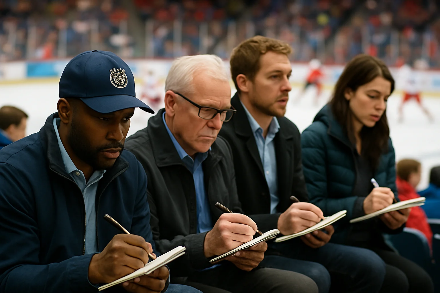 NHL scouts taking notes during Frozen Four 2026 semifinal game at T-Mobile Arena