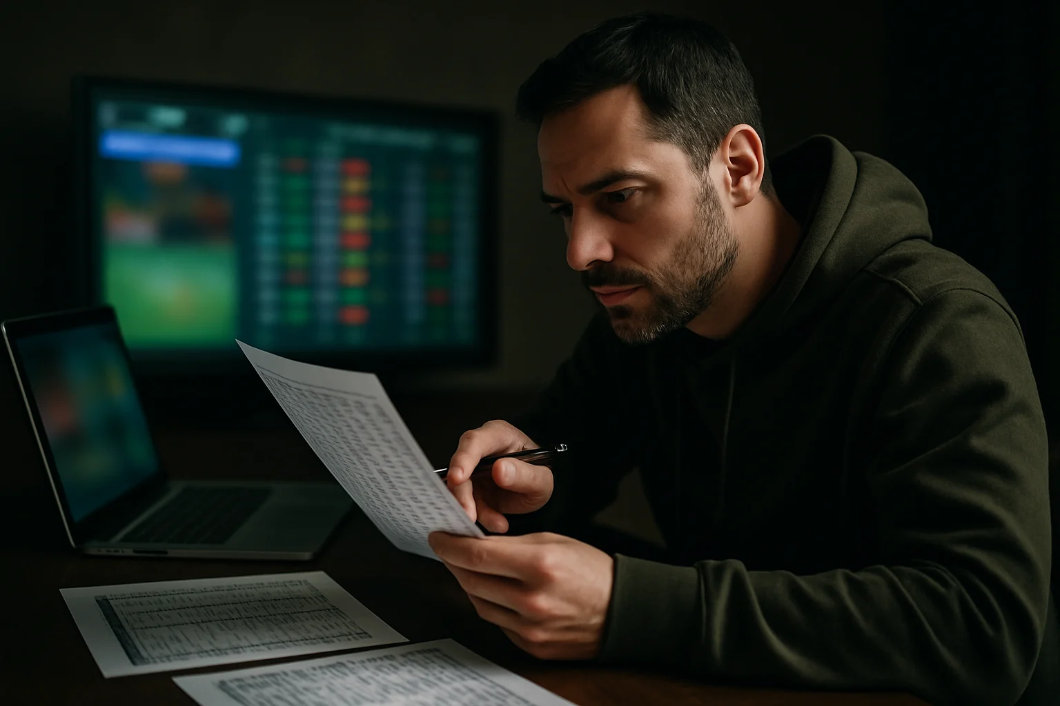 運動彩券投注分析示意，桌上擺放賽事數據表格與計算機，顯示賠率與注碼計算過程