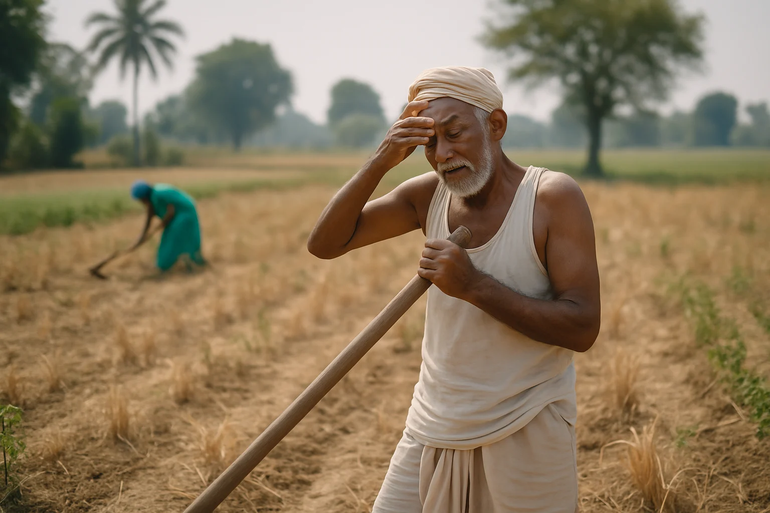 उत्तर प्रदेश के ग्रामीण इलाके में गर्मी में खेत में काम करते मज़दूर — लू के सबसे ज़्यादा शिकार