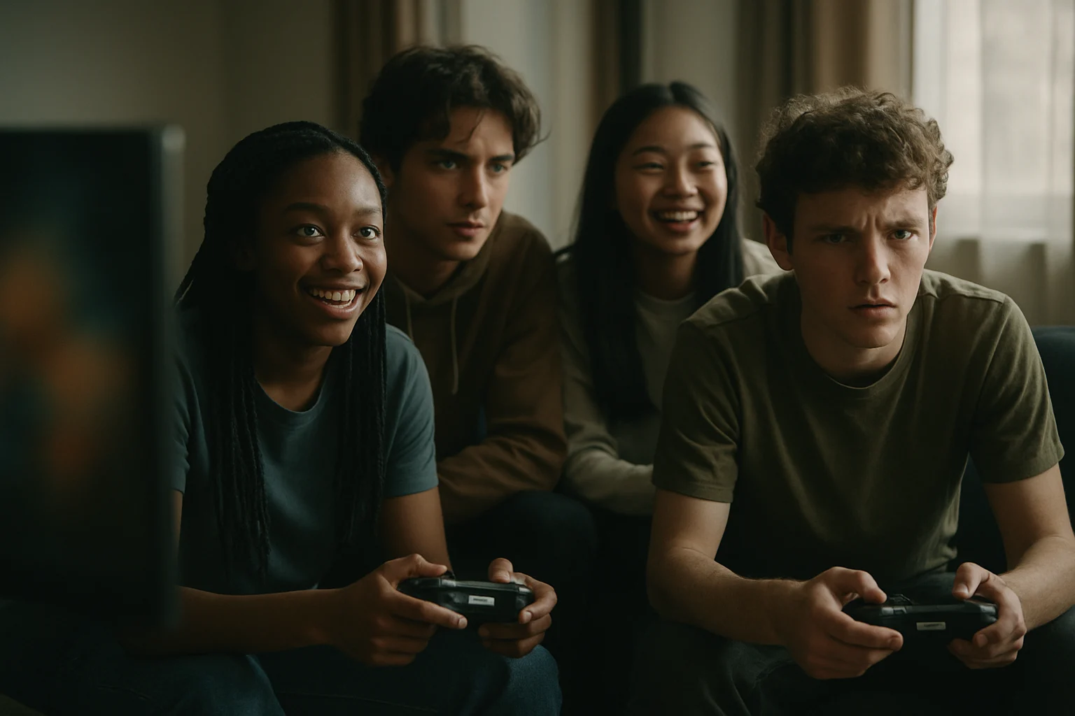 四個人圍坐桌邊玩撲克牌聚會遊戲桌上攤開多張撲克牌氣氛歡樂