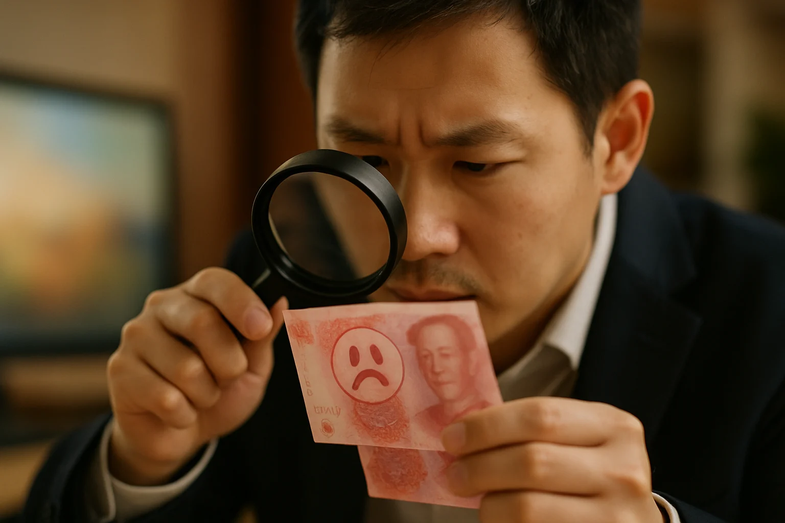 专业人士使用放大镜检查人民币水印防伪特征