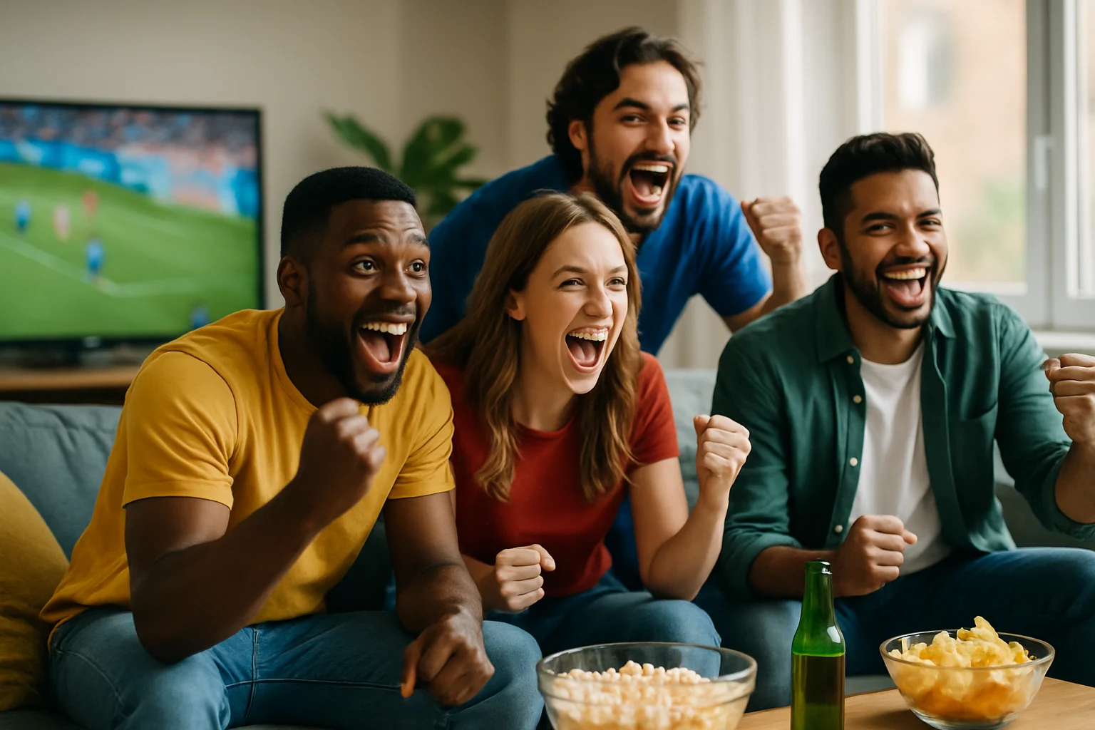 球迷朋友們聚在客廳一起觀看世界盃足球直播，桌上擺滿零食和各國國旗