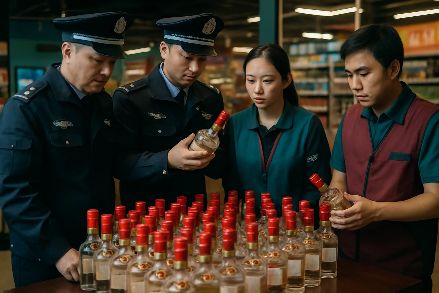 警方与超市工作人员查看被拦截的31瓶五粮液