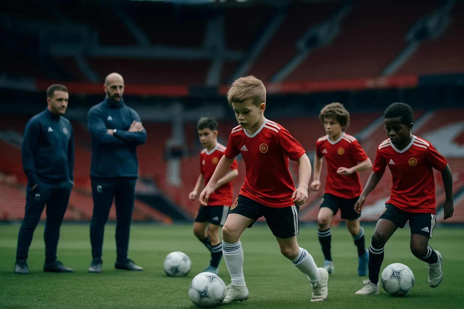 曼聯青訓球員在老特拉福德球場訓練的場景