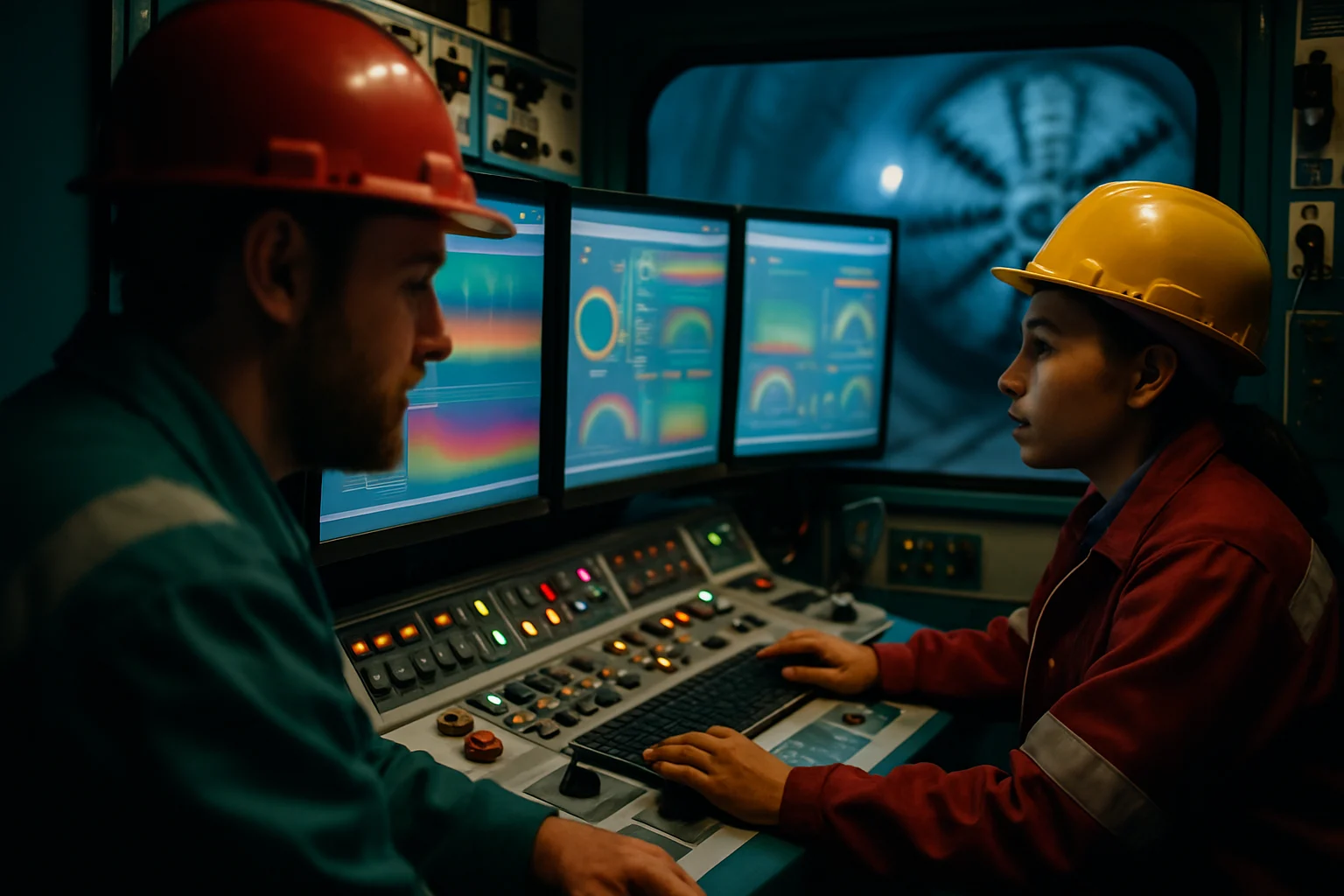 海底隧道盾构机内部操作室，工程师正在监控掘进参数