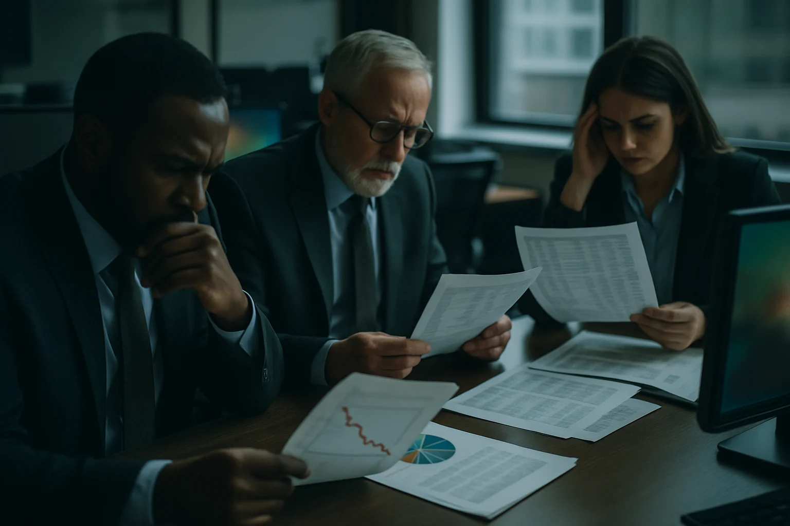 政府工作人员在办公室查看统计报表和银行流水对比图