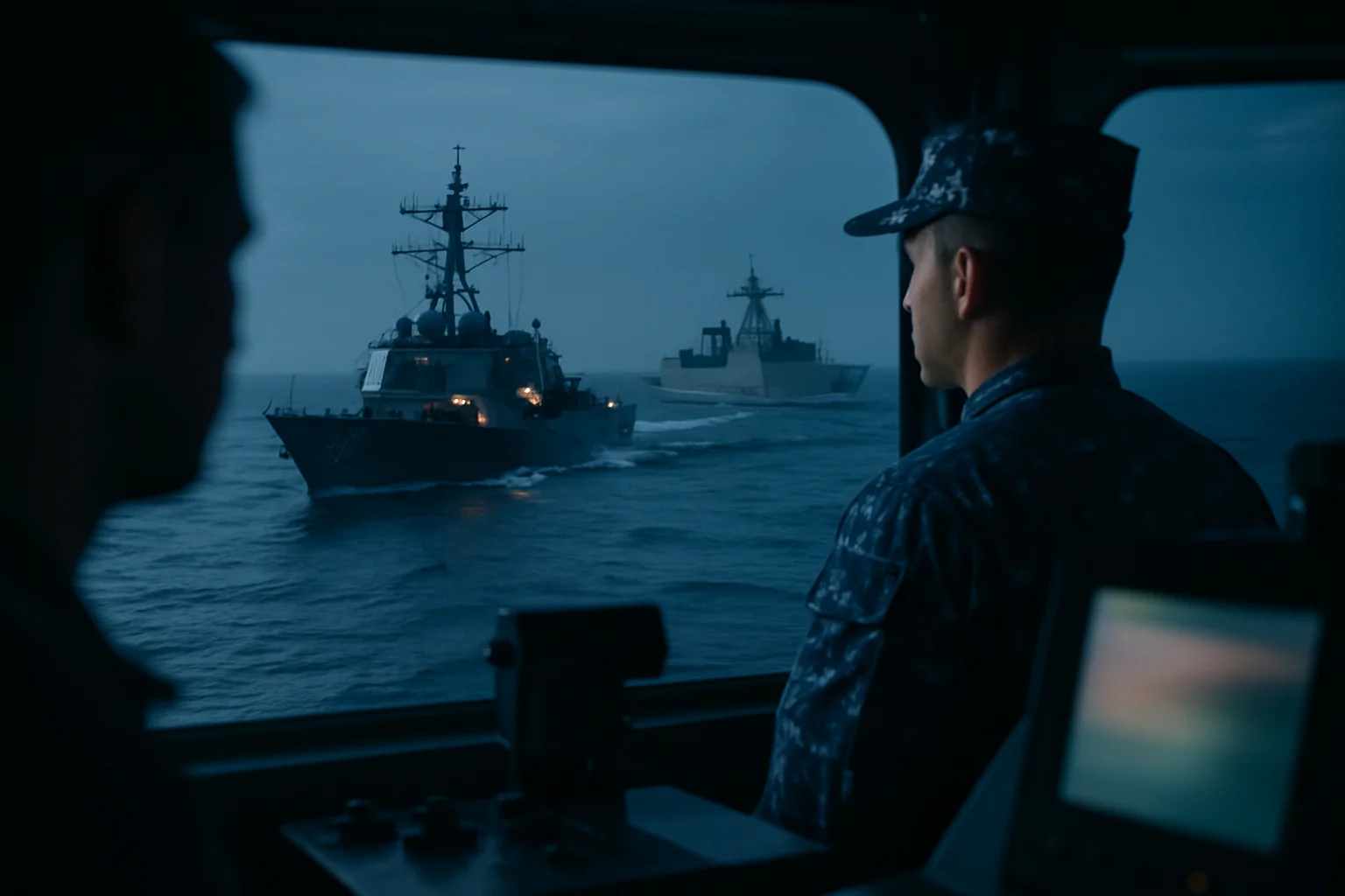 解放军054A型导弹护卫舰在南海海域对美日菲联合军演实施近距离监视