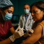 新型コロナウイルスセミ型のスパイクタンパク質変異を示す分子構造図と従来株との比較イラスト