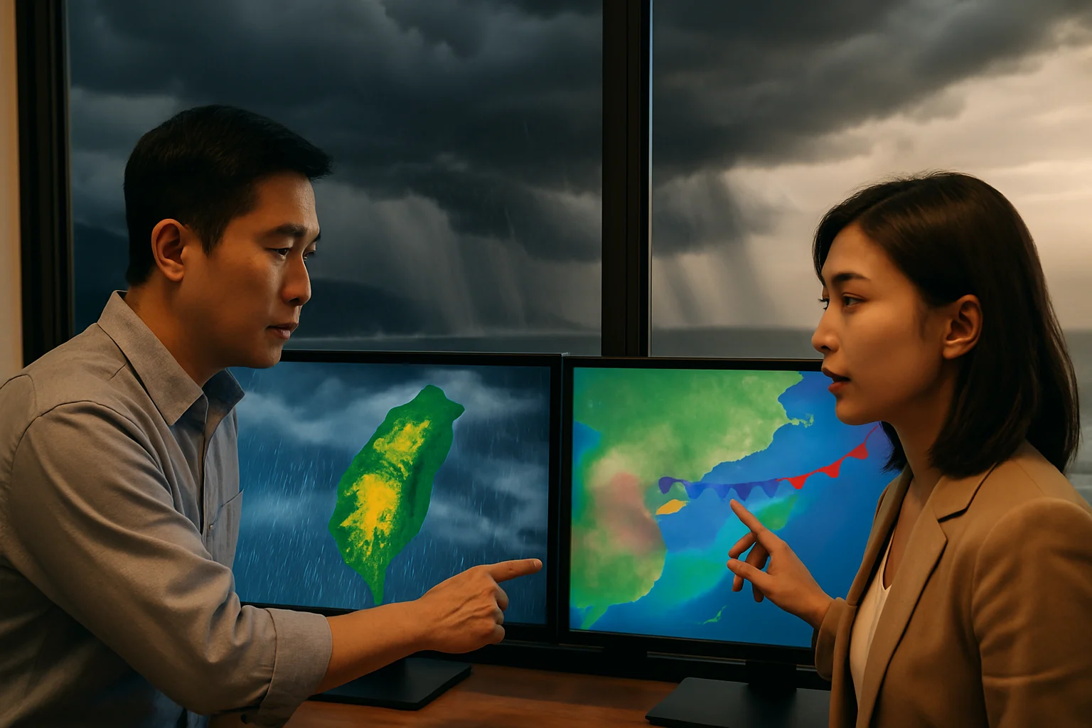 台灣各縣市明天天氣預報分布圖，顯示北部陰雨南部多雲的對比
