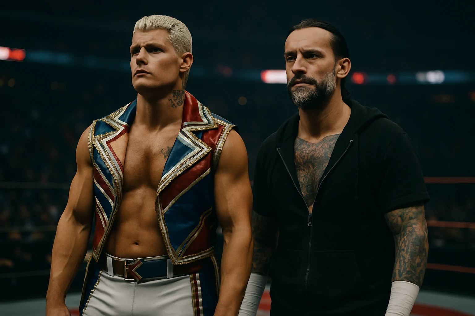 Cody Rhodes and CM Punk standing together on the SmackDown stage during the WrestleMania 42 go-home segment, crowd energized behind them