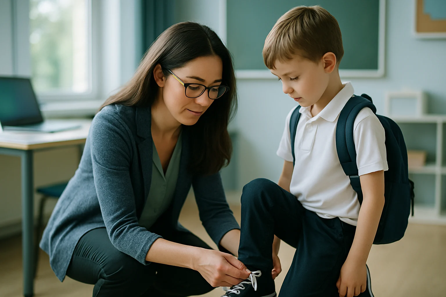 幼儿园老师蹲在孩子身边,帮孩子系鞋带,阳光透过窗户洒在两人身上的温暖画面
