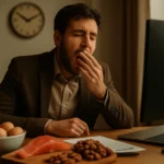 疲惫的上班族坐在办公桌前揉太阳穴，桌上放着咖啡和简单的碳水化合物零食