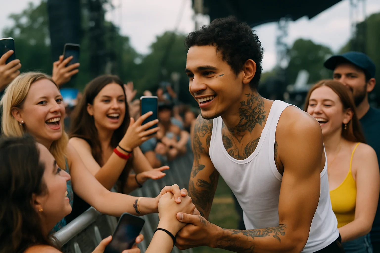 Dominic Fike interacting with fans at outdoor music festival with crowd in background