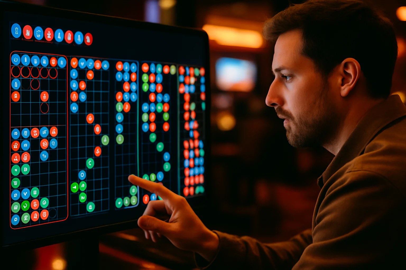 百家樂大眼仔小路蟑螂路三路走勢圖對照,紅藍空心圓圈與斜線符號標示說明