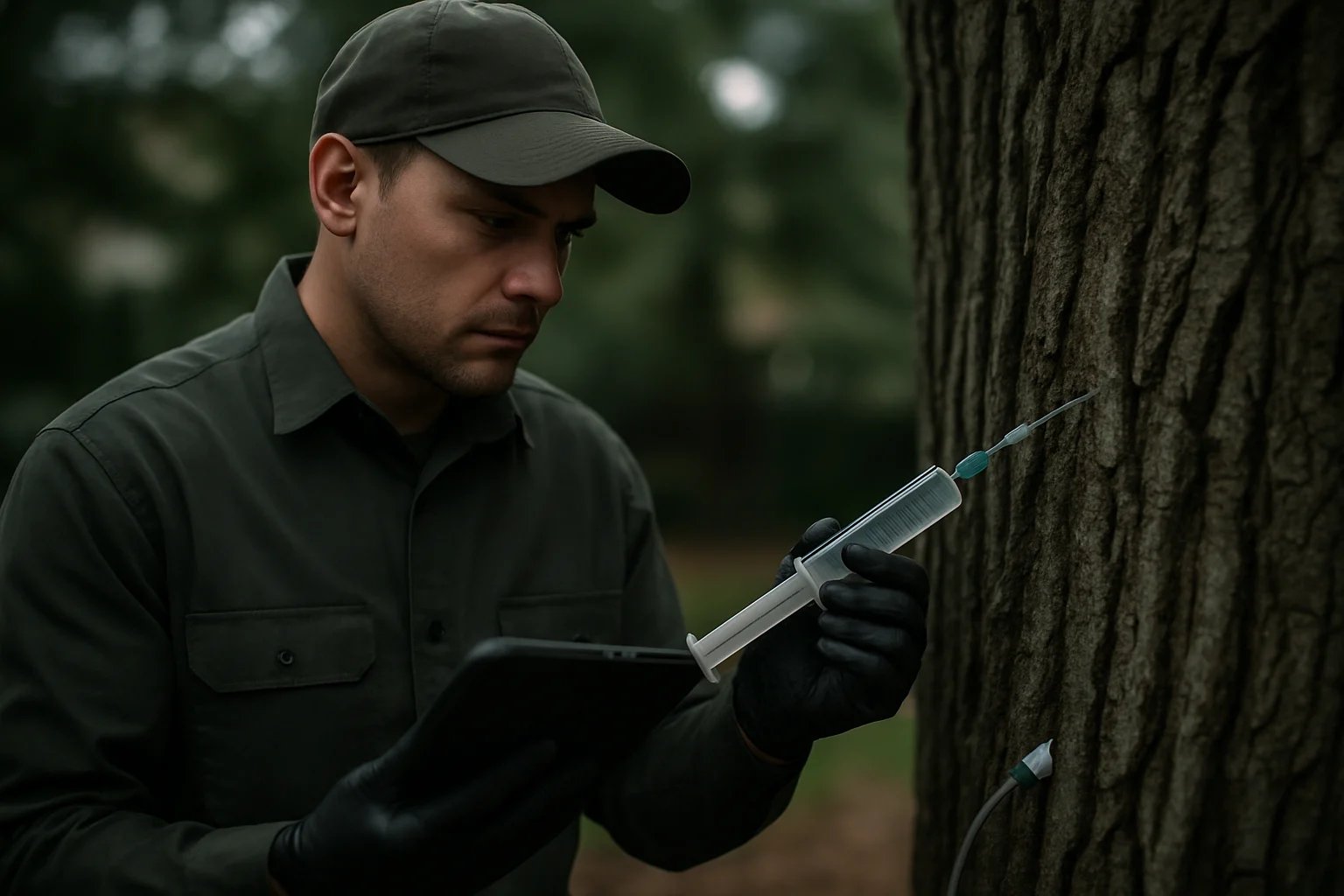 园林工人给杨柳树注射生长调节剂进行飞絮治理