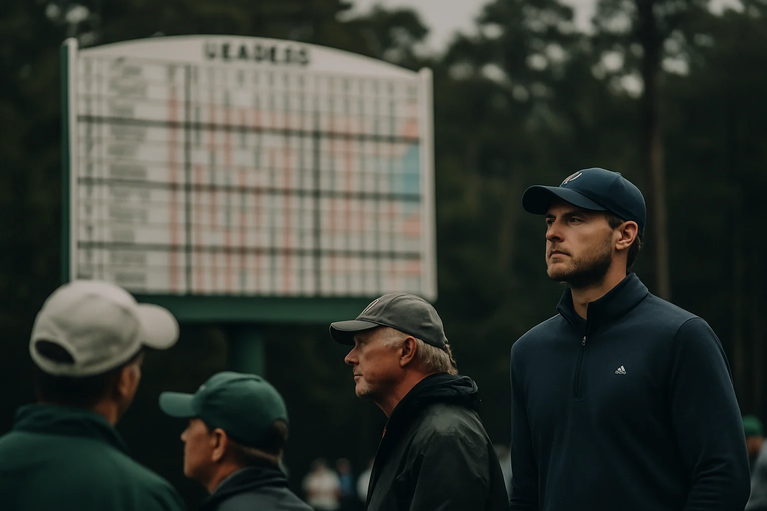Masters leaderboard showing player names and scores during final round action at Augusta National