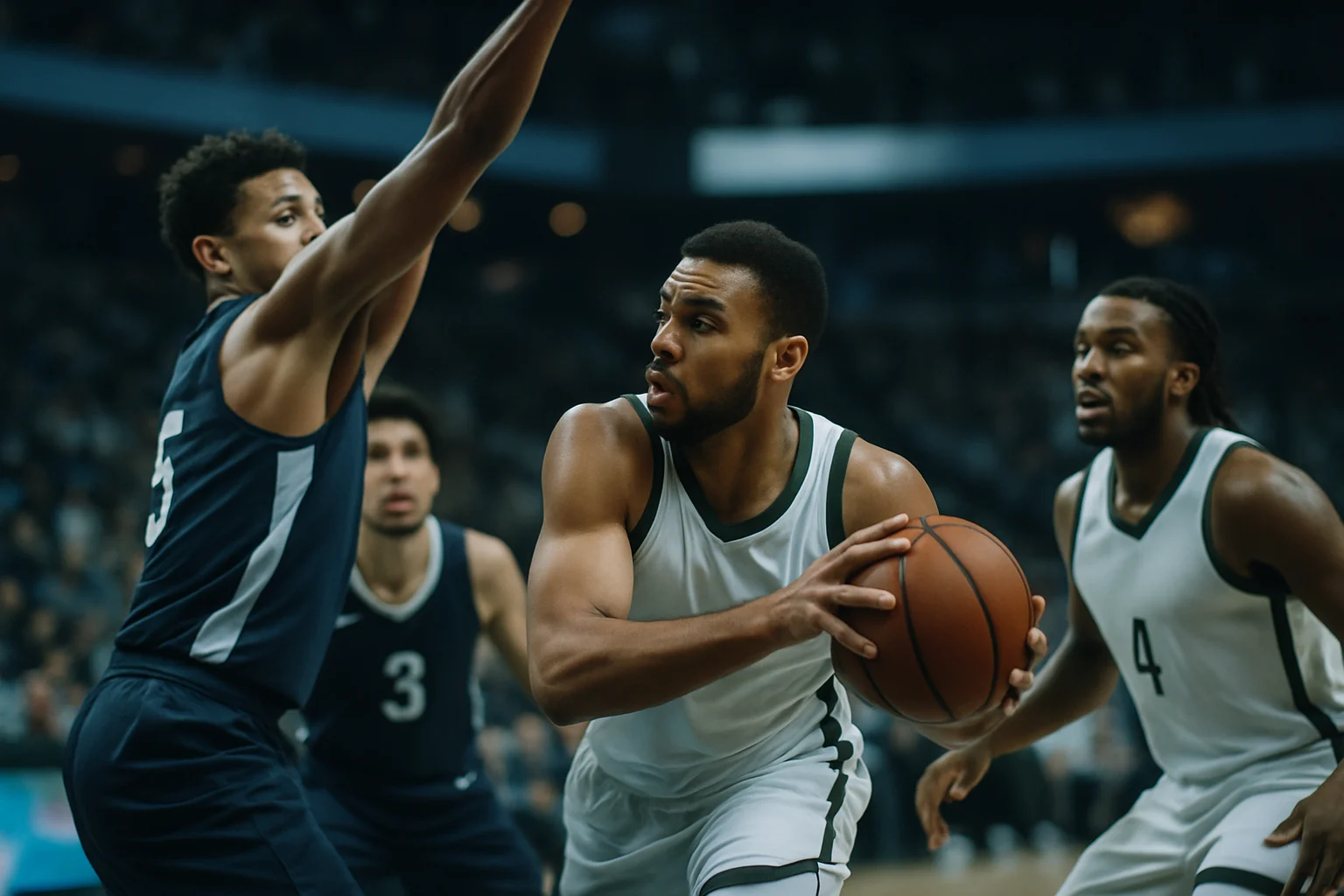 NBA 2K 遊戲畫面，顯示球員在球場上進行高強度對抗，AI 防守方嘗試抄截