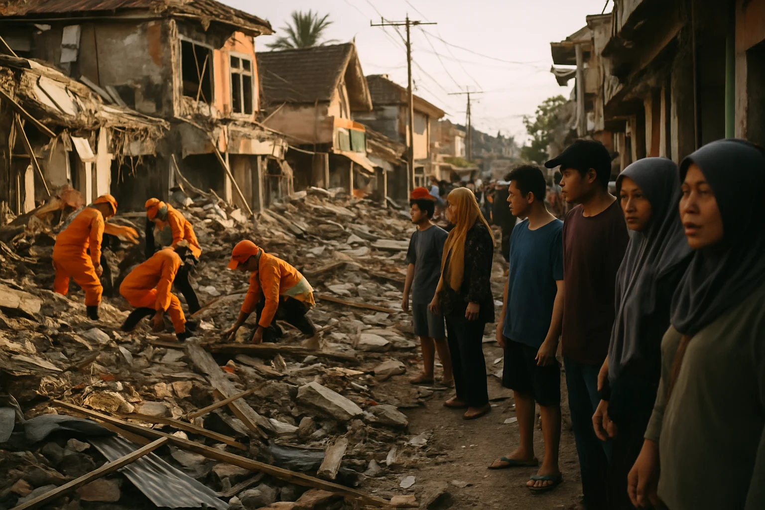 印尼地震災區救援現場，搜救人員在倒塌建築物中進行搜救工作