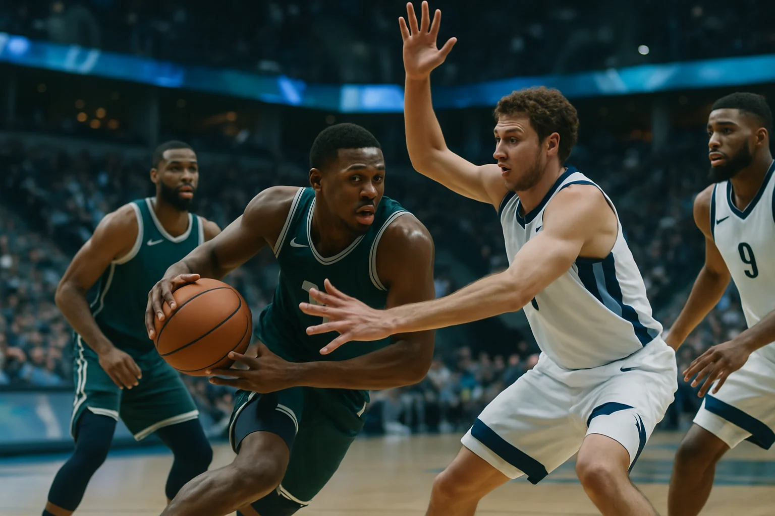 紐約尼克布朗森與Towns在NBA季後賽場上帶球進攻的畫面