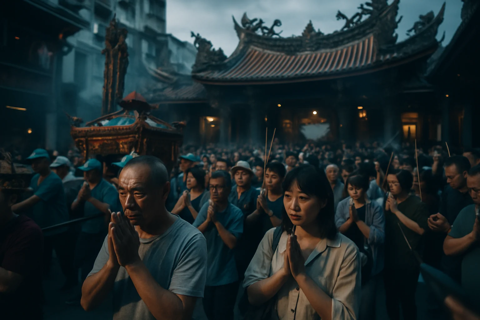 白沙屯媽祖粉紅超跑神轎停駕通霄慈后宮,大批信眾在廟前守候朝拜的現場畫面