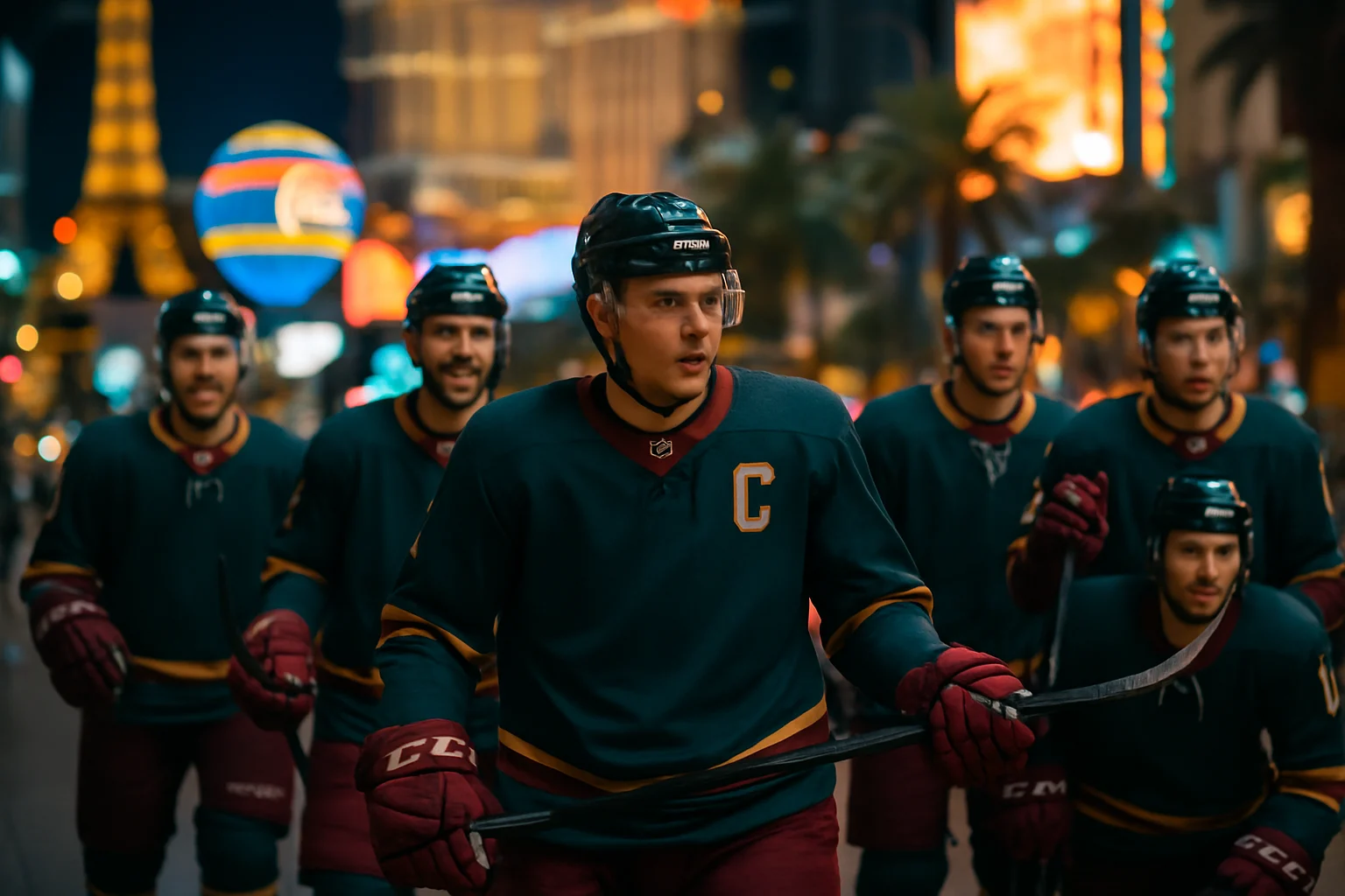 Las Vegas Strip lit up with college hockey team colors and Frozen Four 2026 promotional displays