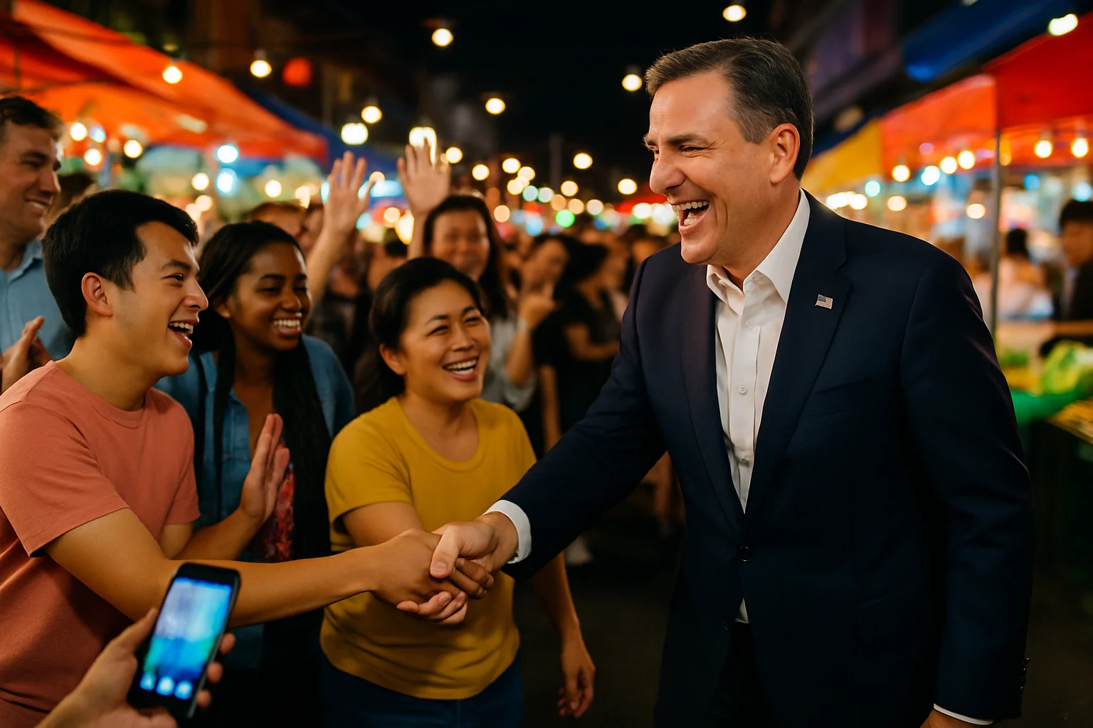 柯文哲在夜市與民眾握手互動的親民畫面