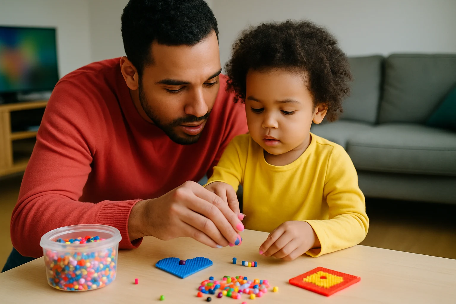 家长指导孩子安全使用拼豆玩具的正确姿势