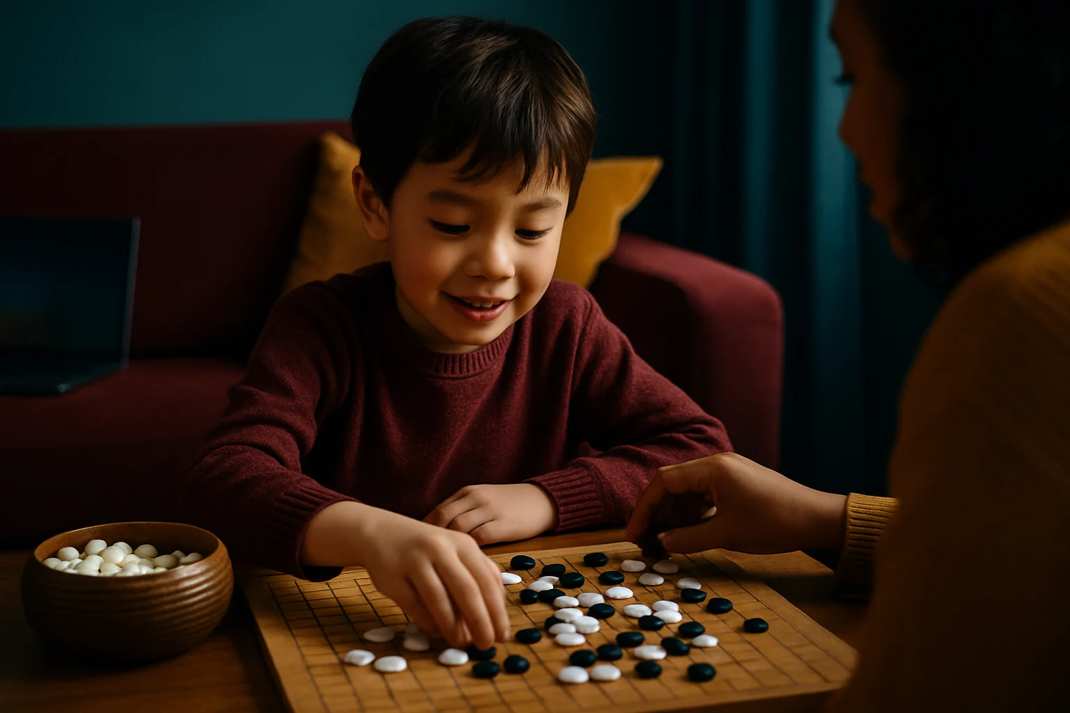 圍棋19路棋盤上黑白棋子交替落子的對弈場景,展示圍棋基本對局樣貌